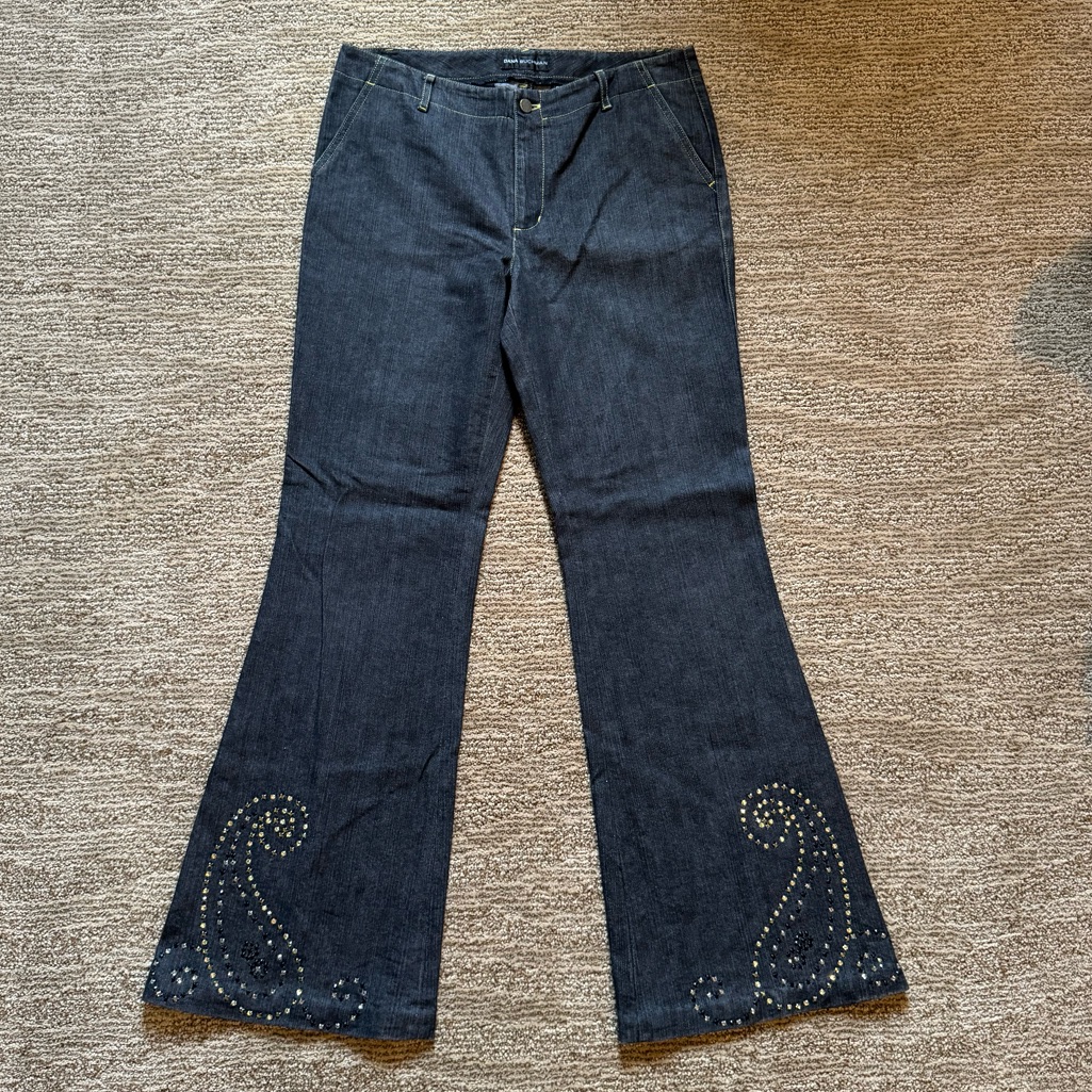 Vintage Dana Buchman Boot Cut Black Jeans With Gold And Black Rhinestones